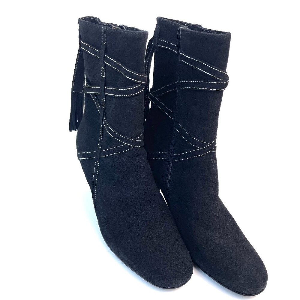 BisouBisou By Michele Bohbot MILOS Black Softy Suede Boots Leather Heels Sz7.5M